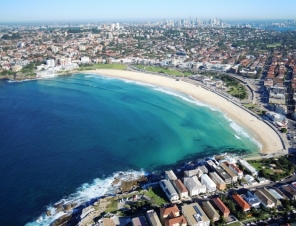 Seaplane flight high over Bondi Beach in Sydney